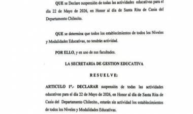 Suspenden las actividades educativas en Chilecito por el día de Santa Rita de Casia