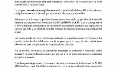 Agro Andina desmintió una falsa convocatoria laboral que circula en redes sociales