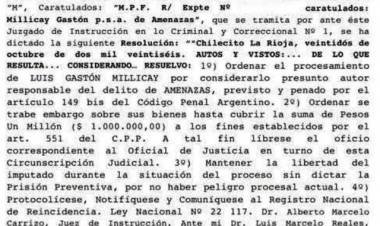 Procesaron a Luis Gastón Millicay por presuntas amenazas y ordenaron un embargo de un millón de pesos
