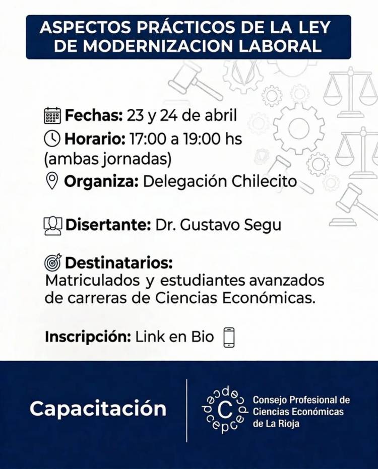 Invitan a capacitación virtual sobre aspectos prácticos de la Ley de Modernización Laboral