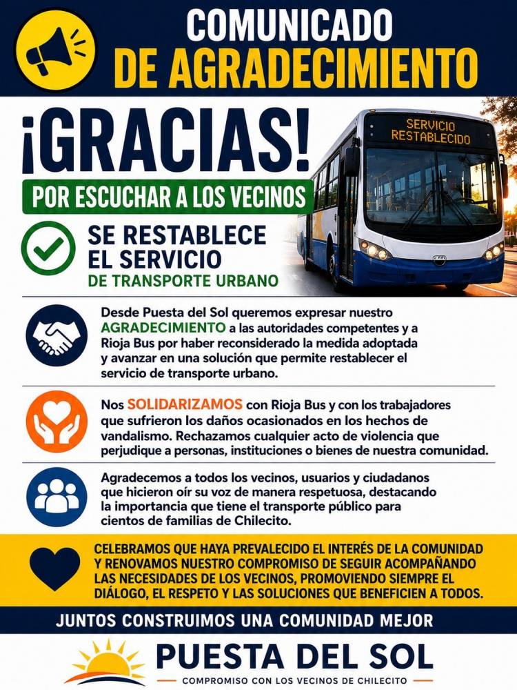 Vecinos de Puesta de Sol agradecieron la continuidad del servicio de Rioja Bus
