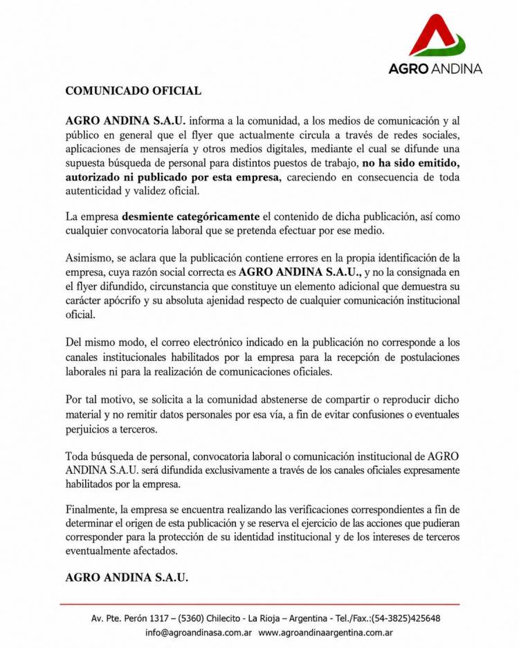 Agro Andina desmintió una falsa convocatoria laboral que circula en redes sociales