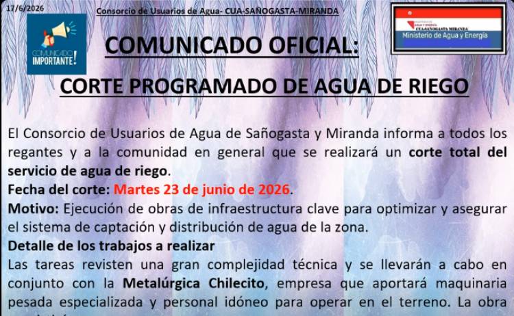 Anuncian corte total del agua de riego en Sañogasta y Miranda por obras de infraestructura
