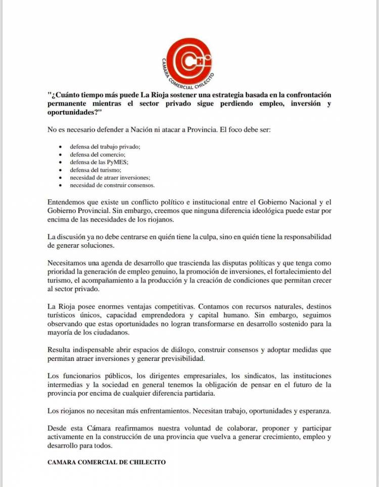 Fuerte mensaje de la Cámara Comercial de Chilecito: reclaman “trabajo y menos peleas políticas”