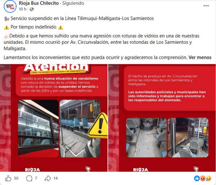 Suspenden la línea Tilimuqui–Malligasta tras un nuevo ataque vandálico a un colectivo de Riojabus