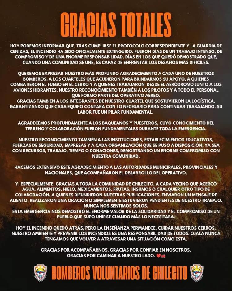 Bomberos Voluntarios de Chilecito agradecieron el apoyo de la comunidad tras extinguir el incendio