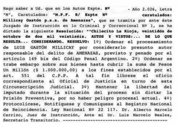 Procesaron a Luis Gastón Millicay por presuntas amenazas y ordenaron un embargo de un millón de pesos