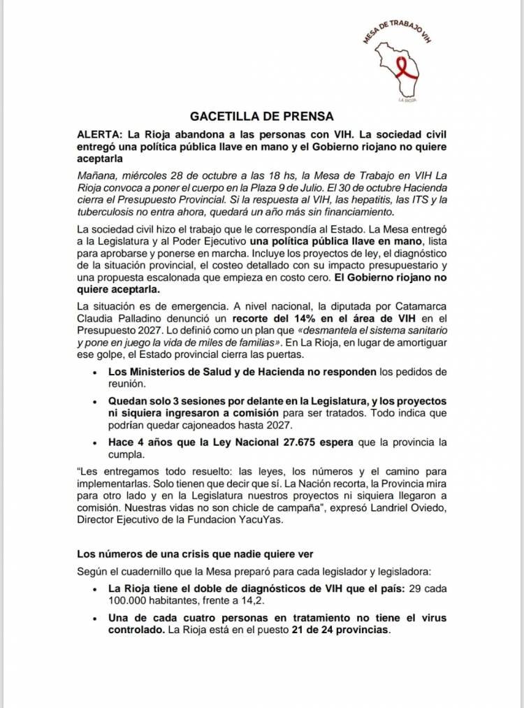 La Mesa de Trabajo en VIH convoca a una movilización en La Rioja por el financiamiento de políticas públicas